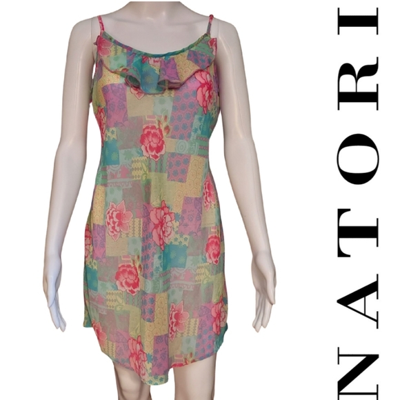 Vintage Y2K Natori Pastel Floral Patchwork Chiffon Ruffle Slip Dress - Picture 1 of 14